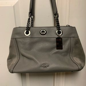 COACH Edie Carryall Turn Lock Heather Grey Leather & Suede Shoulder Bag.
